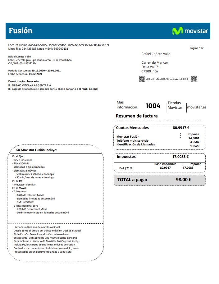 Spain Movistar Fusion telecom operator utility bill document in Word and PDF format